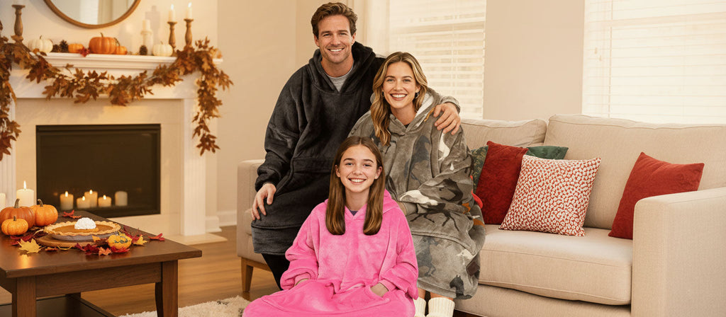 A family of three, all wearing Tirrinia hoodie blankets, sat on a sofa, smiling at the camera.