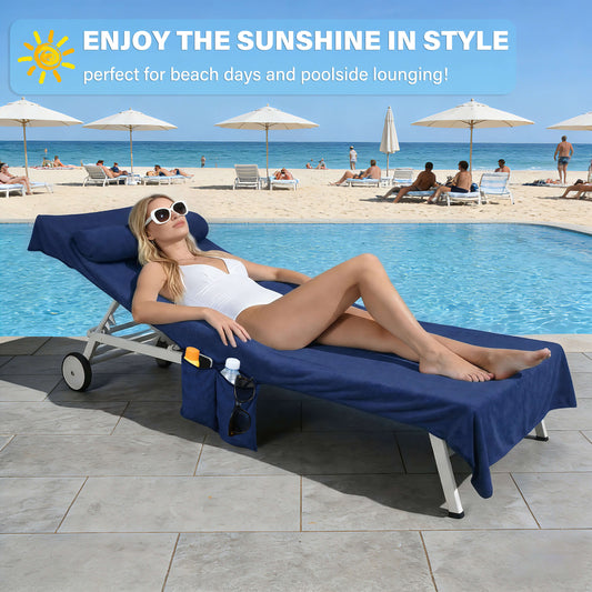 Beach Chair Towel Cover – 250 GSM Lounge Chair Cover with Pockets for Beach & Travel front view