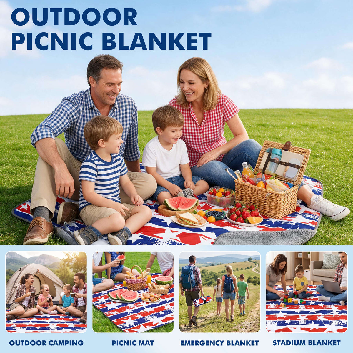Tirrinia Waterproof Picnic Blanket — 59" x 51" Sherpa Lined Outdoor Blanket with Waterproof & Windproof Protection, Foldable & Portable with Carry Strap