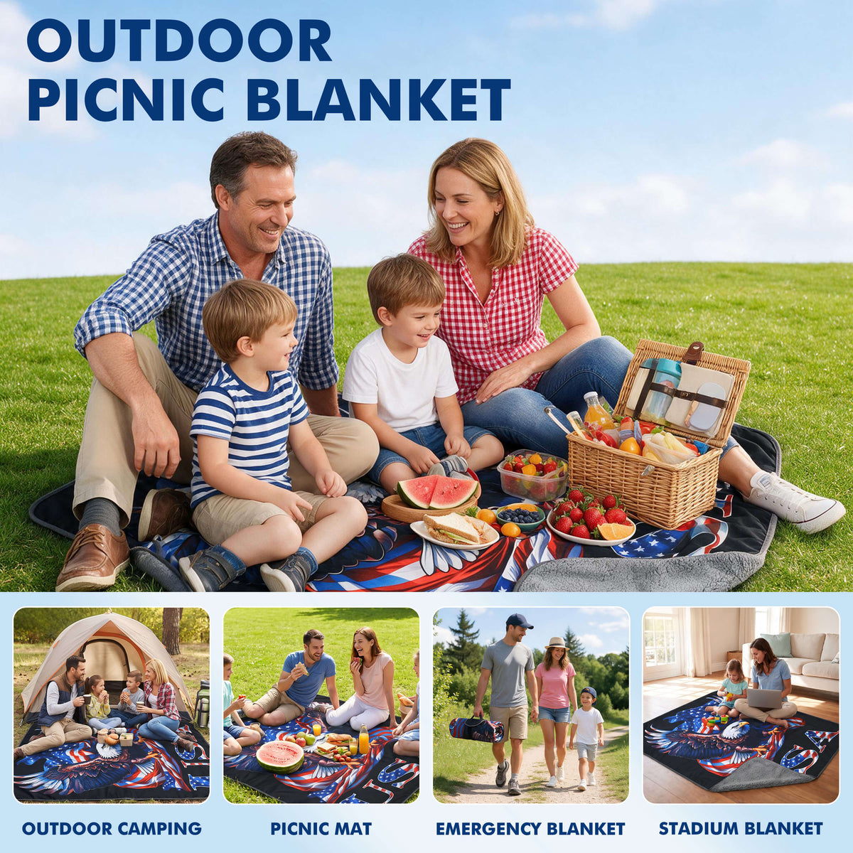 Tirrinia Waterproof Picnic Blanket — 59" x 51" Sherpa Lined Outdoor Blanket with Waterproof & Windproof Protection, Foldable & Portable with Carry Strap