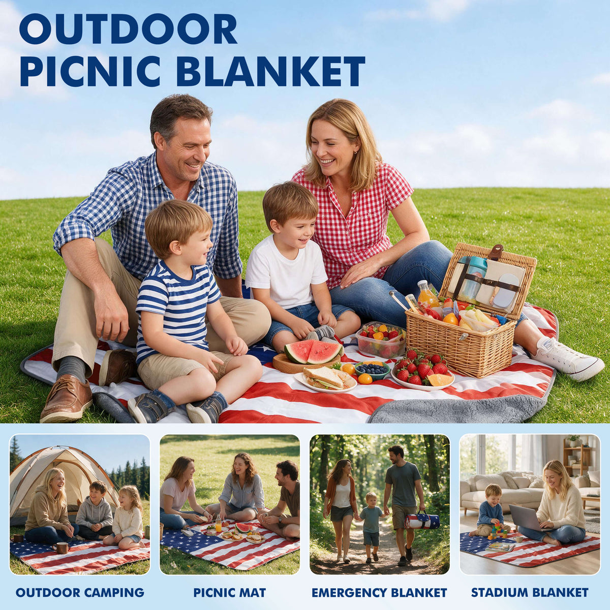 Tirrinia Waterproof Picnic Blanket — 59" x 51" Sherpa Lined Outdoor Blanket with Waterproof & Windproof Protection, Foldable & Portable with Carry Strap