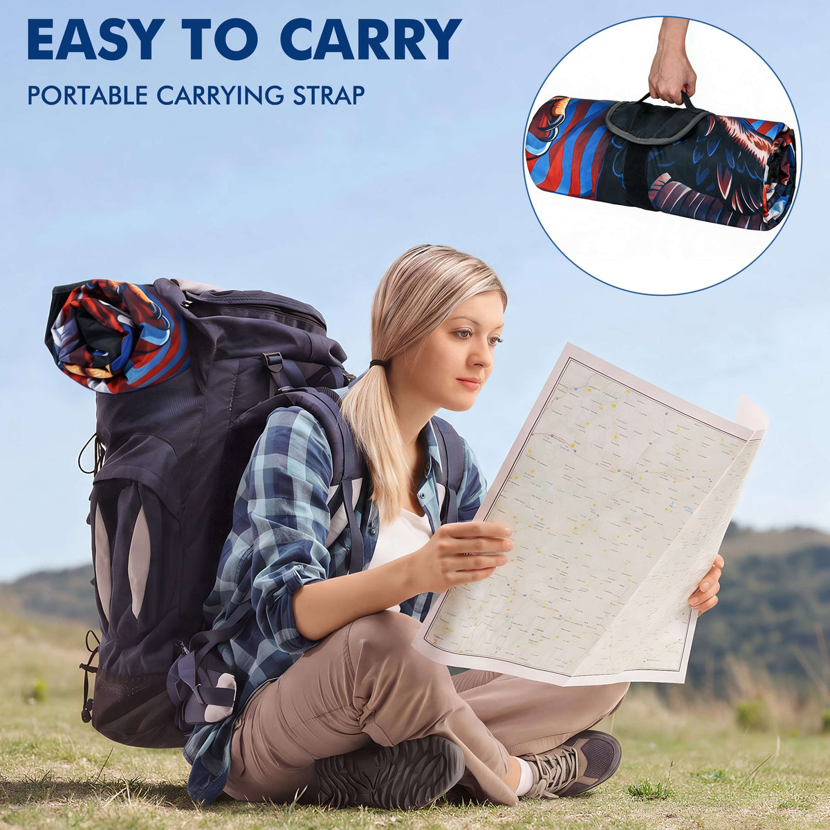 Tirrinia Waterproof Picnic Blanket — 59" x 51" Sherpa Lined Outdoor Blanket with Waterproof & Windproof Protection, Foldable & Portable with Carry Strap