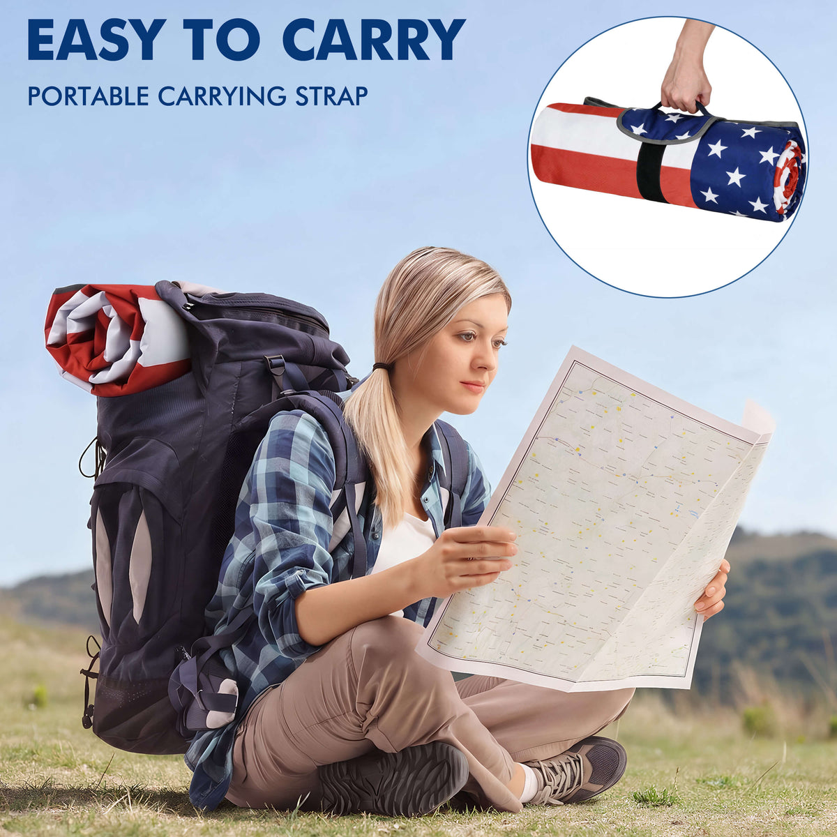 Tirrinia Waterproof Picnic Blanket — 59" x 51" Sherpa Lined Outdoor Blanket with Waterproof & Windproof Protection, Foldable & Portable with Carry Strap