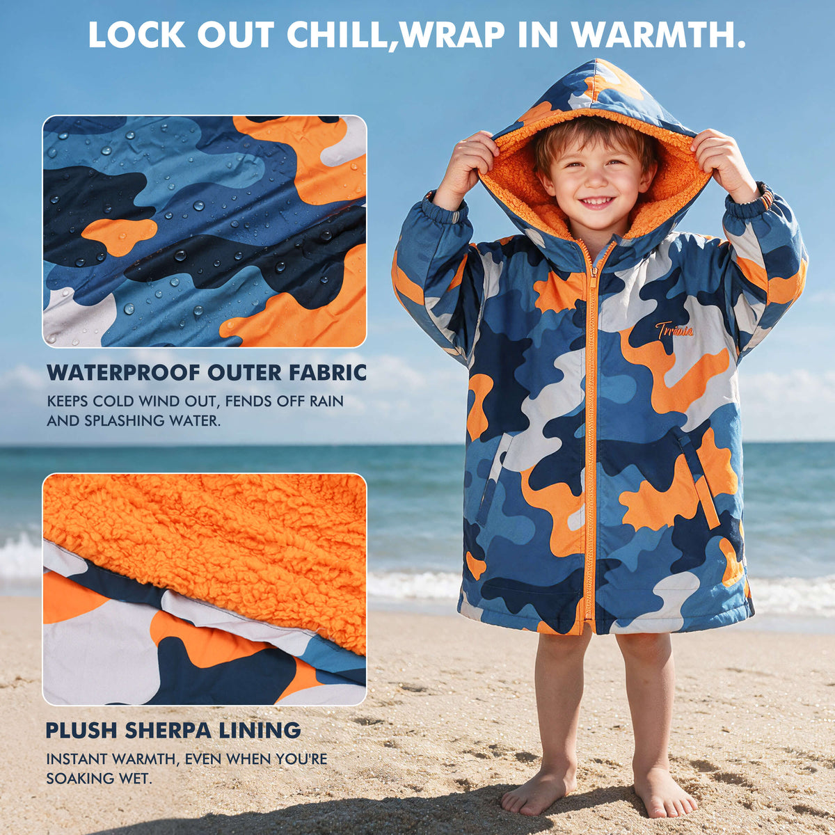 Tirrinia Kids Hooded Changing Robe — Waterproof Outer Sherpa Lined Swim Robe for Beach & Surf