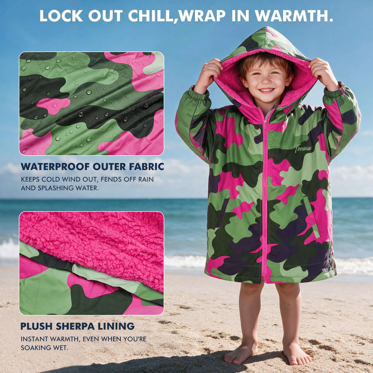 Tirrinia Kids Hooded Changing Robe — Waterproof Outer Sherpa Lined Swim Robe for Beach & Surf