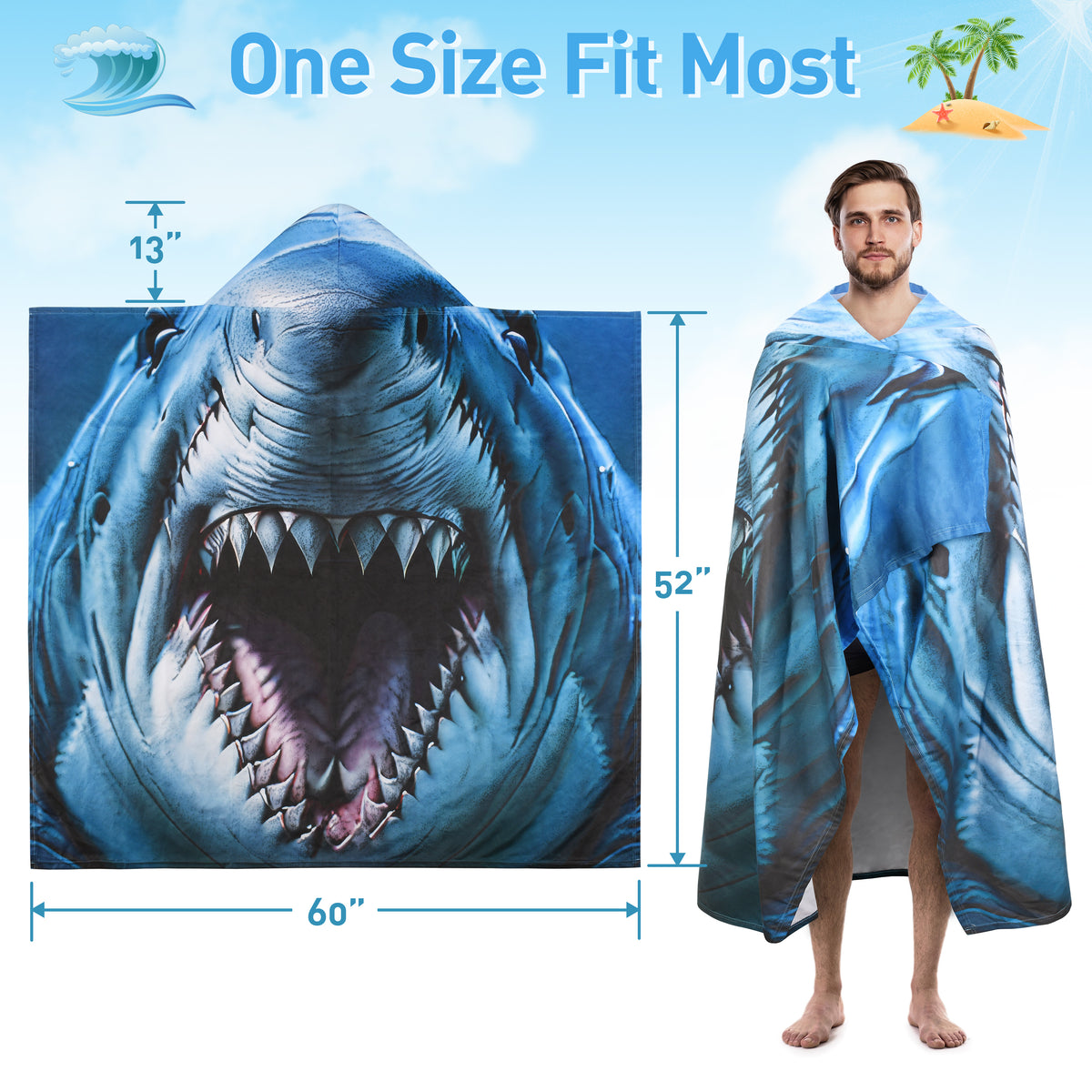 Tirrinia Quick Dry Lightweight Beach Poncho Towel With Hood for Adult size chart