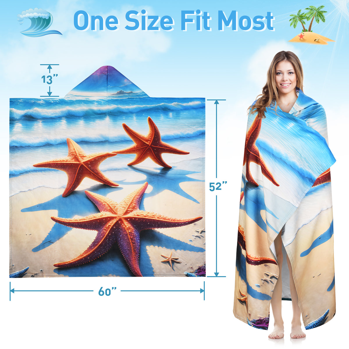 Tirrinia Quick Dry Lightweight Beach Poncho Towel With Hood for Adult size chart