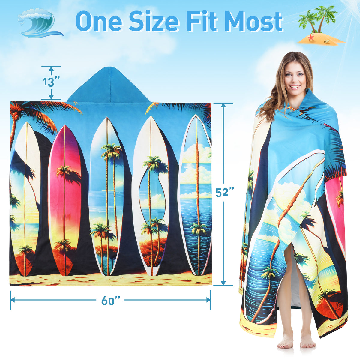 Tirrinia Quick Dry Lightweight Beach Poncho Towel With Hood for Adult size chart
