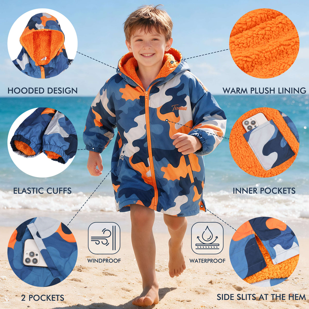 Tirrinia Kids Hooded Changing Robe — Waterproof Outer Sherpa Lined Swim Robe for Beach & Surf