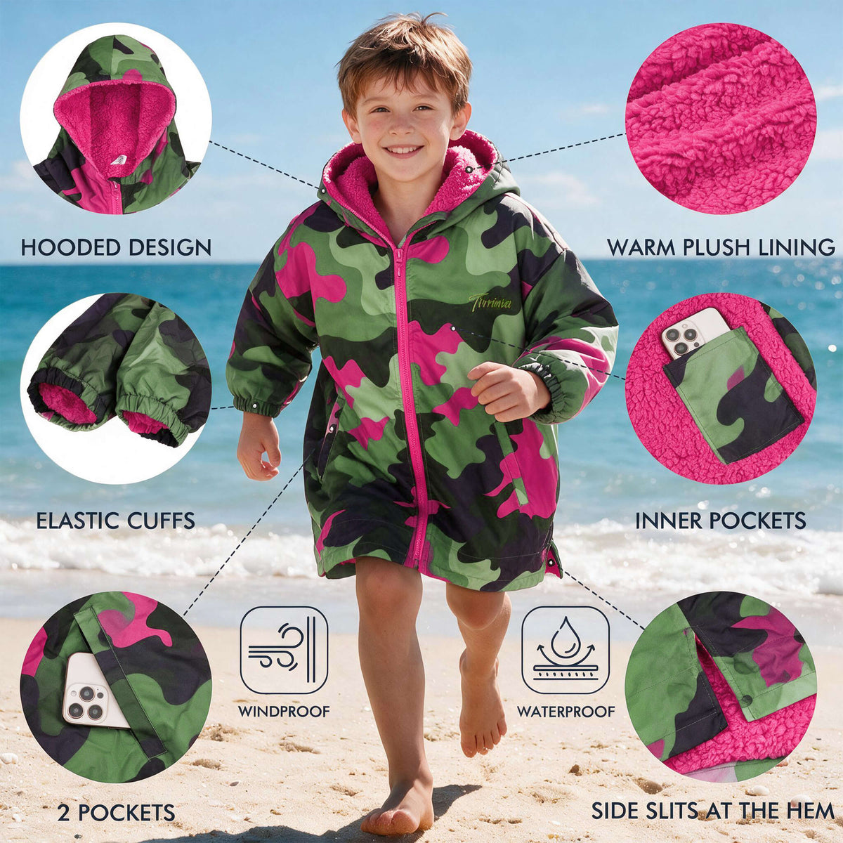 Tirrinia Kids Hooded Changing Robe — Waterproof Outer Sherpa Lined Swim Robe for Beach & Surf