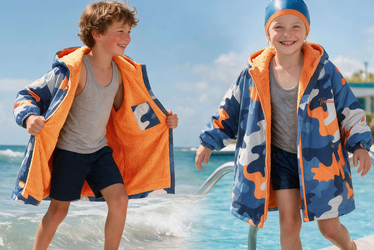 Tirrinia Kids Hooded Changing Robe — Waterproof Outer Sherpa Lined Swim Robe for Beach & Surf
