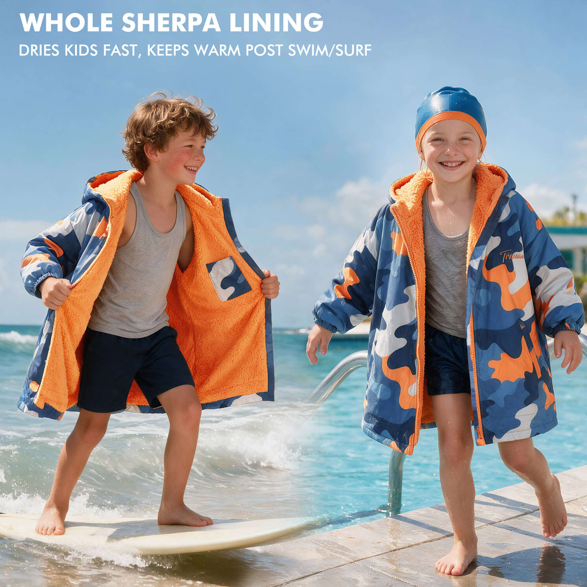 Tirrinia Kids Hooded Changing Robe — Waterproof Outer Sherpa Lined Swim Robe for Beach & Surf