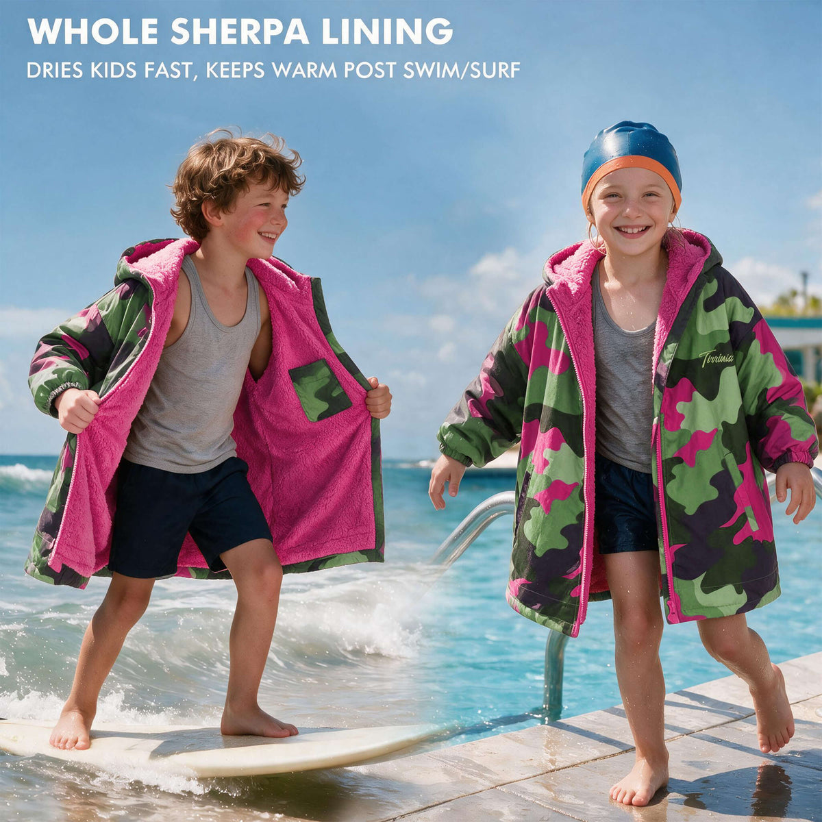 Tirrinia Kids Hooded Changing Robe — Waterproof Outer Sherpa Lined Swim Robe for Beach & Surf