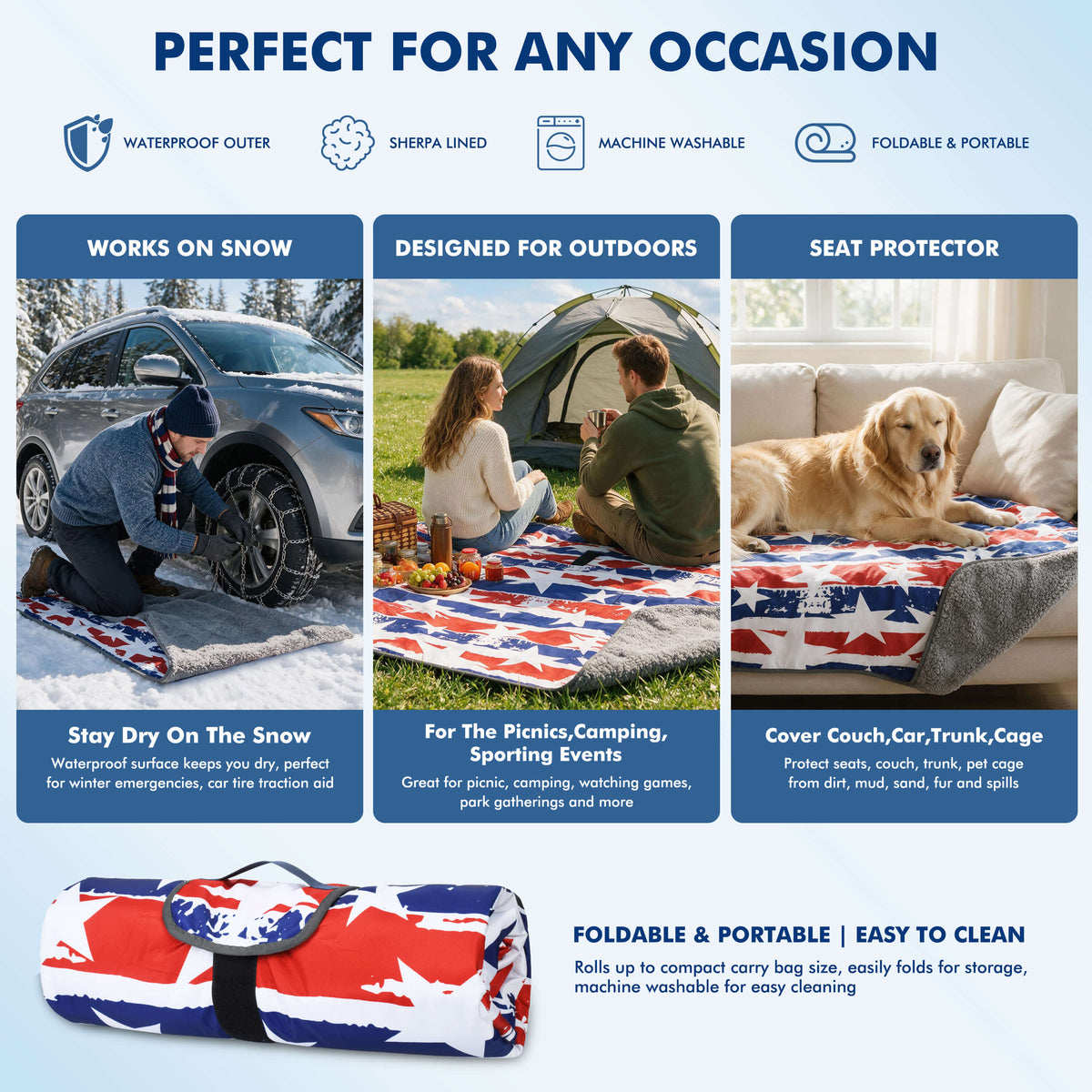 Tirrinia Waterproof Picnic Blanket — 59" x 51" Sherpa Lined Outdoor Blanket with Waterproof & Windproof Protection, Foldable & Portable with Carry Strap