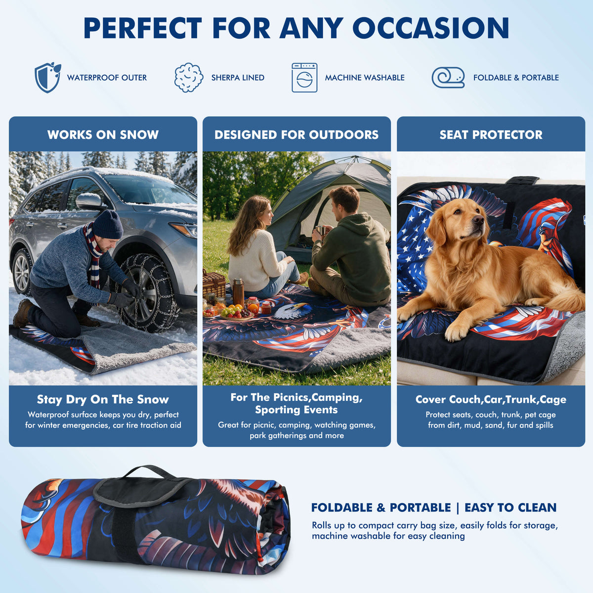 Tirrinia Waterproof Picnic Blanket — 59" x 51" Sherpa Lined Outdoor Blanket with Waterproof & Windproof Protection, Foldable & Portable with Carry Strap