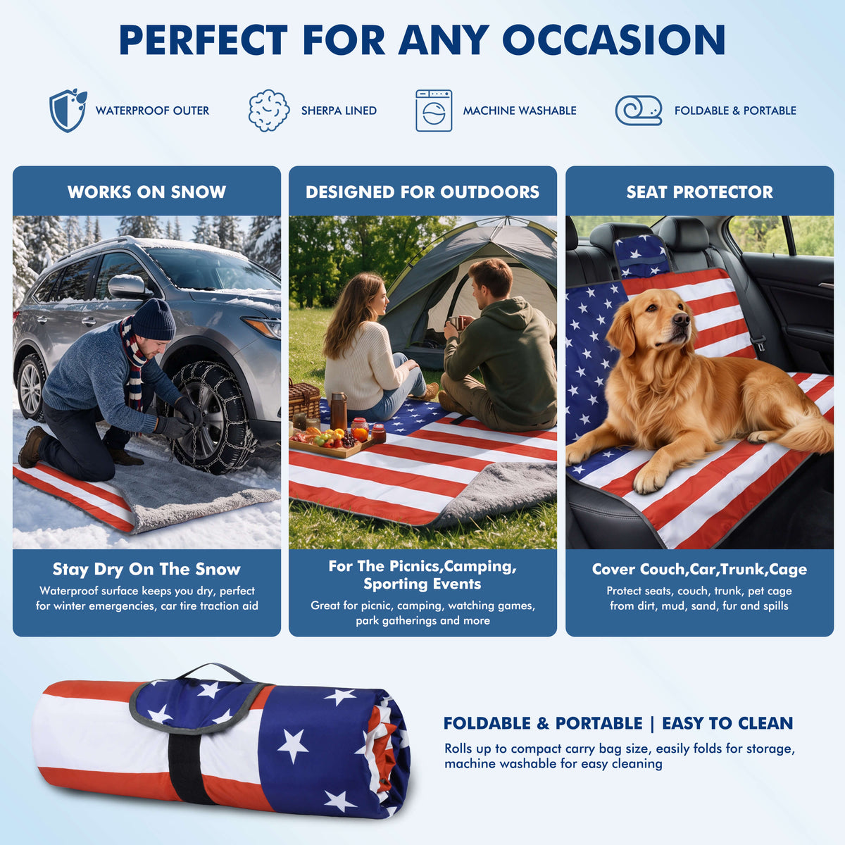 Tirrinia Waterproof Picnic Blanket — 59" x 51" Sherpa Lined Outdoor Blanket with Waterproof & Windproof Protection, Foldable & Portable with Carry Strap