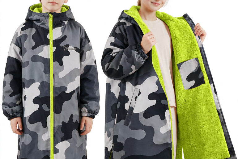 Tirrinia Kids Hooded Changing Robe — Waterproof Outer Sherpa Lined Swim Robe for Beach & Surf
