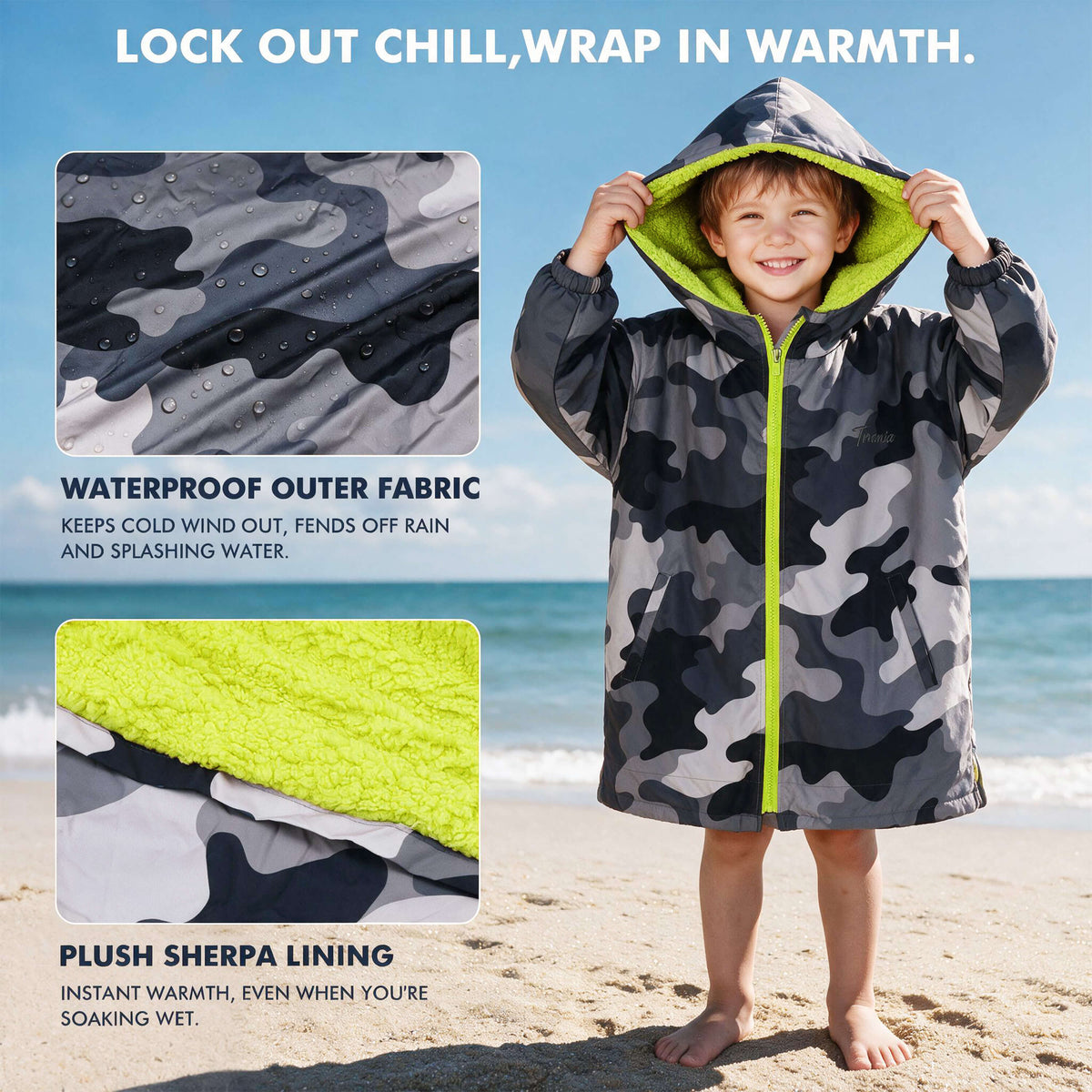 Tirrinia Kids Hooded Changing Robe — Waterproof Outer Sherpa Lined Swim Robe for Beach & Surf