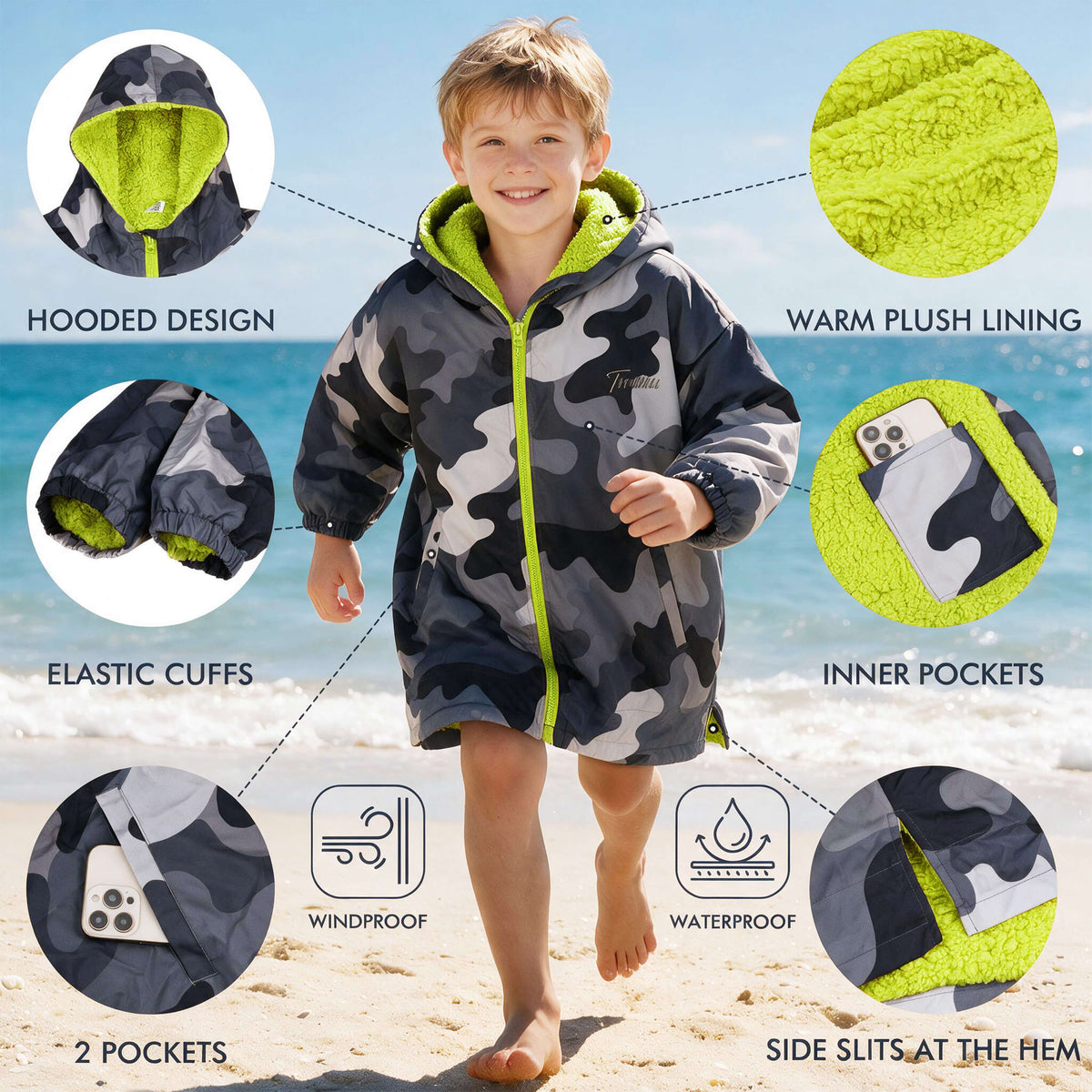Tirrinia Kids Hooded Changing Robe — Waterproof Outer Sherpa Lined Swim Robe for Beach & Surf