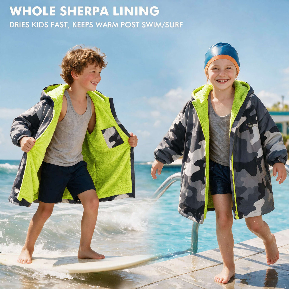 Tirrinia Kids Hooded Changing Robe — Waterproof Outer Sherpa Lined Swim Robe for Beach & Surf