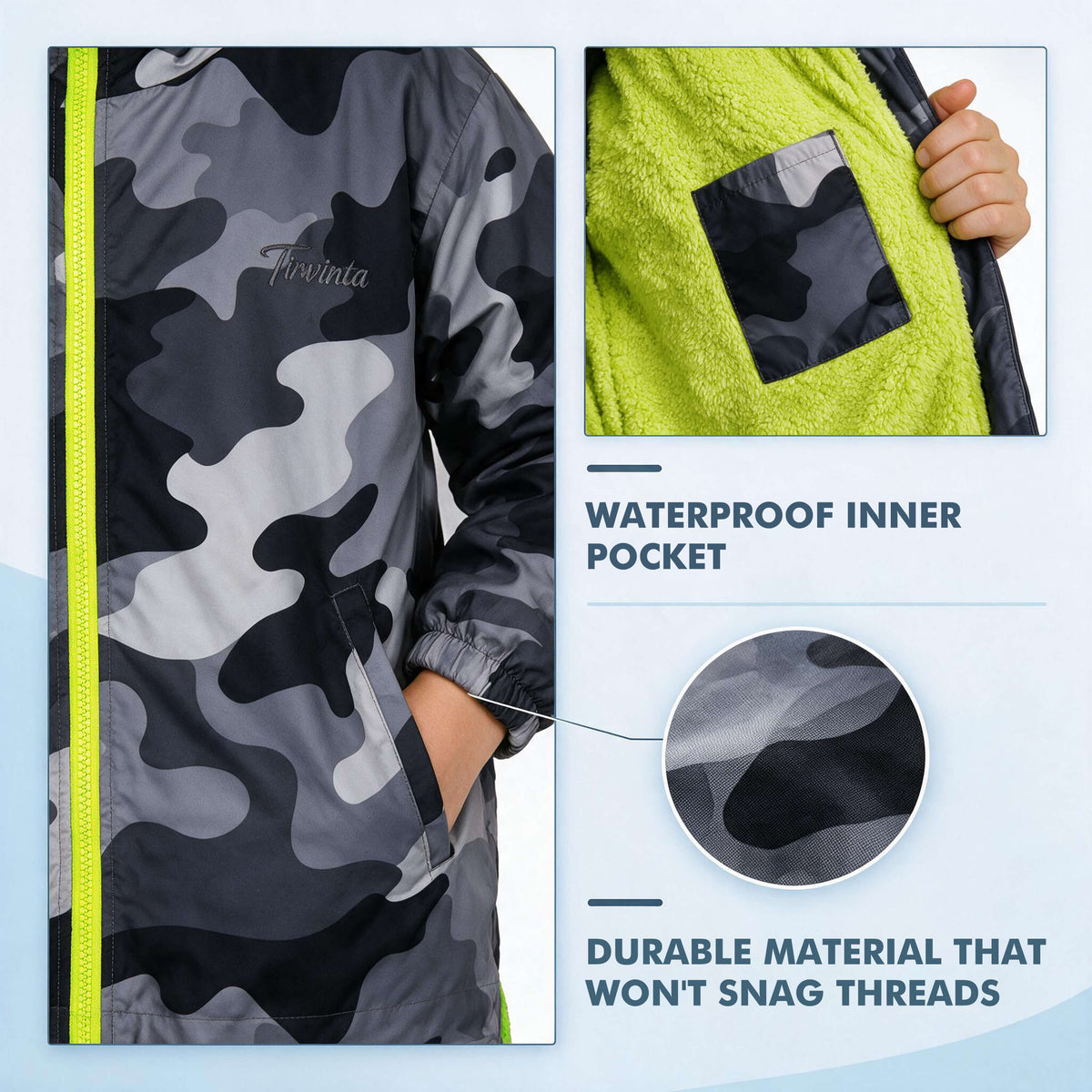 Tirrinia Kids Hooded Changing Robe — Waterproof Outer Sherpa Lined Swim Robe for Beach & Surf