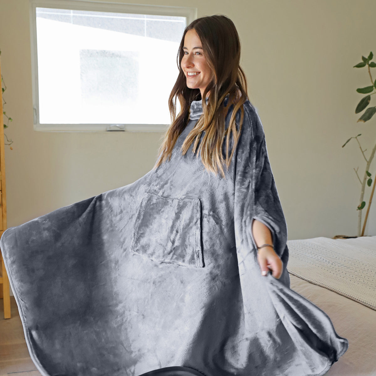 Long Fleece Wearable Poncho Blanket