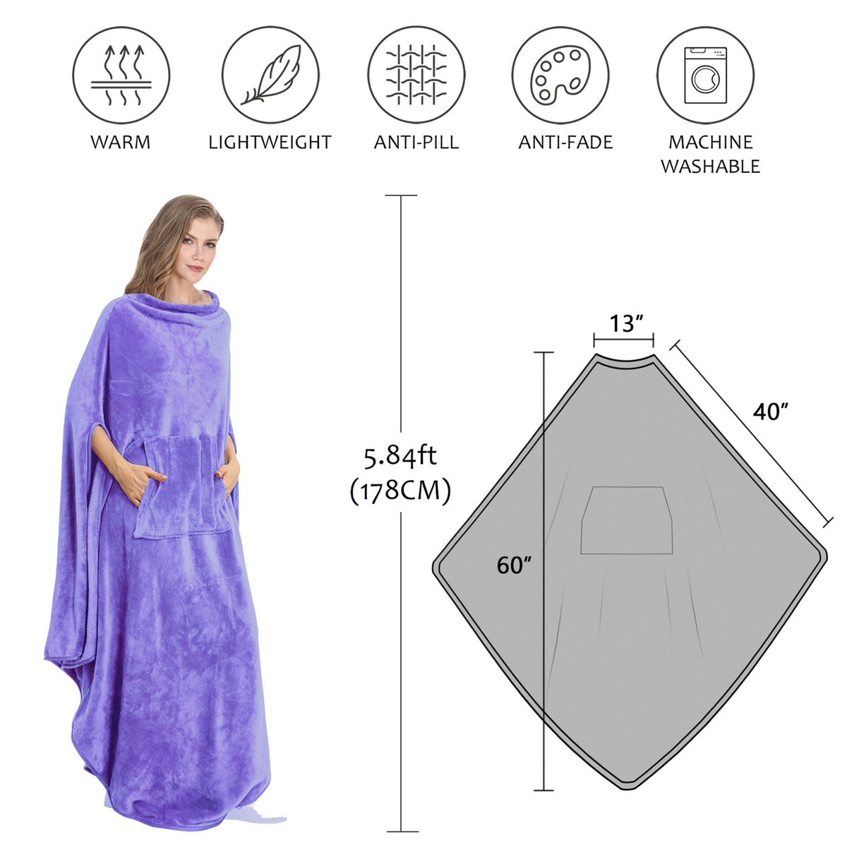 Long Fleece Wearable Poncho Blanket