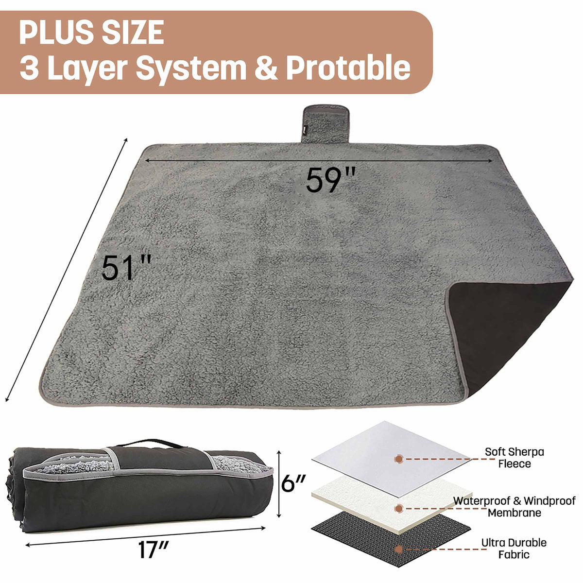 Waterproof Stadium Blanket with Sherpa Lining for Stadium 51''×59''