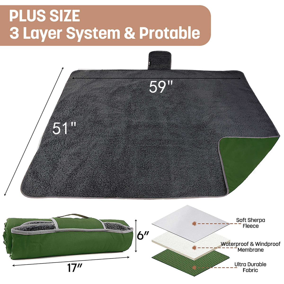 Waterproof Stadium Blanket with Sherpa Lining for Stadium 51''×59''