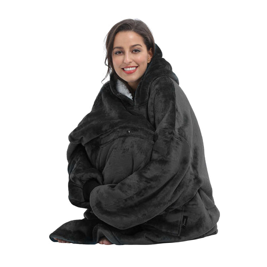 Dark Color Sherpa Oversized Hoodie Blanket front view