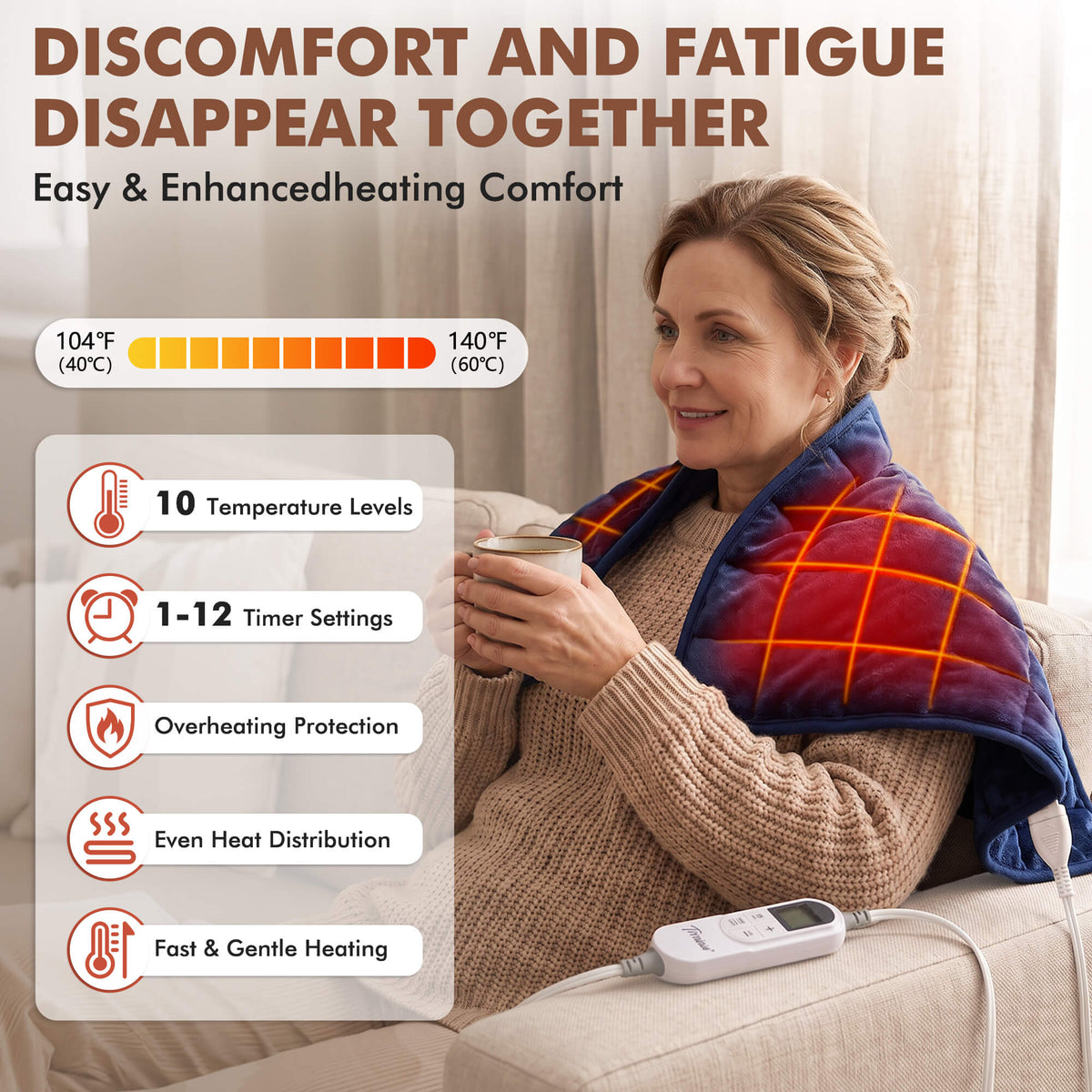 Tirrinia Heated Weighted Pad — 10 Heat Settings & 1-12H Timer, Weighted Electric Heating Pad for Back, Shoulders & Waist, 33" x 18"