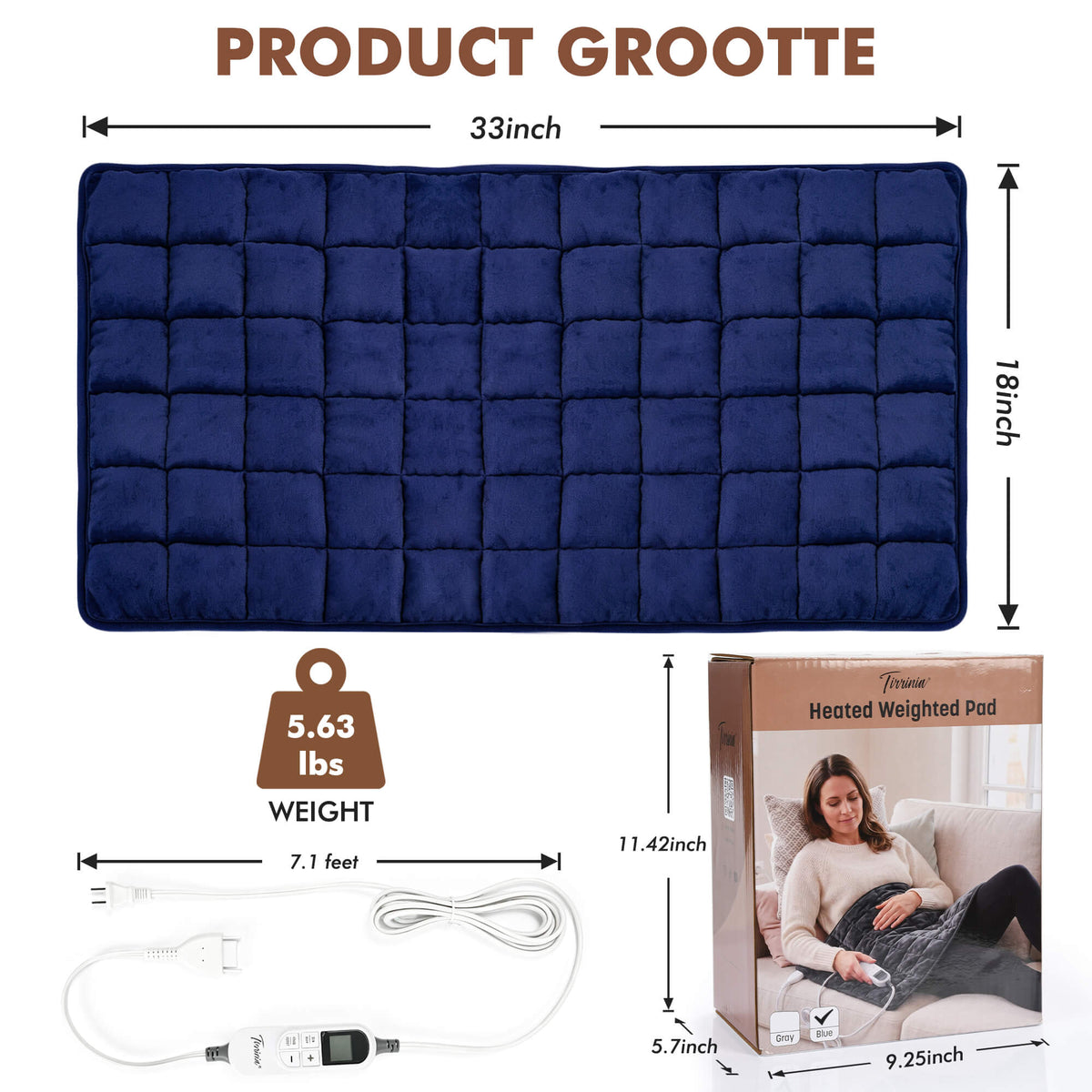 Tirrinia Heated Weighted Pad — 10 Heat Settings & 1-12H Timer, Weighted Electric Heating Pad for Back, Shoulders & Waist, 33" x 18"