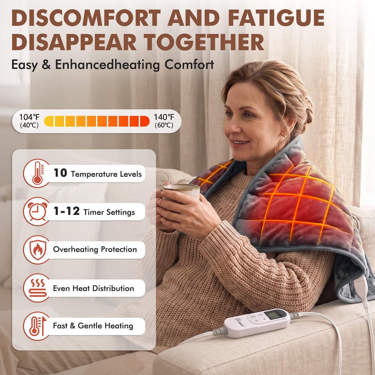 Tirrinia Heated Weighted Pad — 10 Heat Settings & 1-12H Timer, Weighted Electric Heating Pad for Back, Shoulders & Waist, 33" x 18"