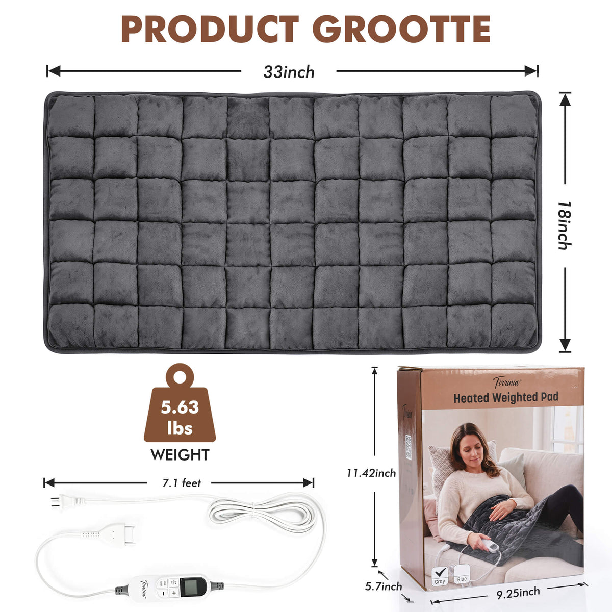 Tirrinia Heated Weighted Pad — 10 Heat Settings & 1-12H Timer, Weighted Electric Heating Pad for Back, Shoulders & Waist, 33" x 18"