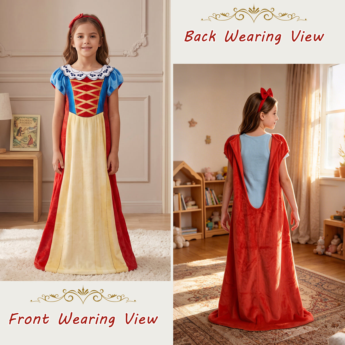 Tirrinia Kids Princess Dress Wearable Blanket — Snow White Flannel Sleep Sack for Girls, Soft Cozy Throw Blanket Dress, 54in x 26in