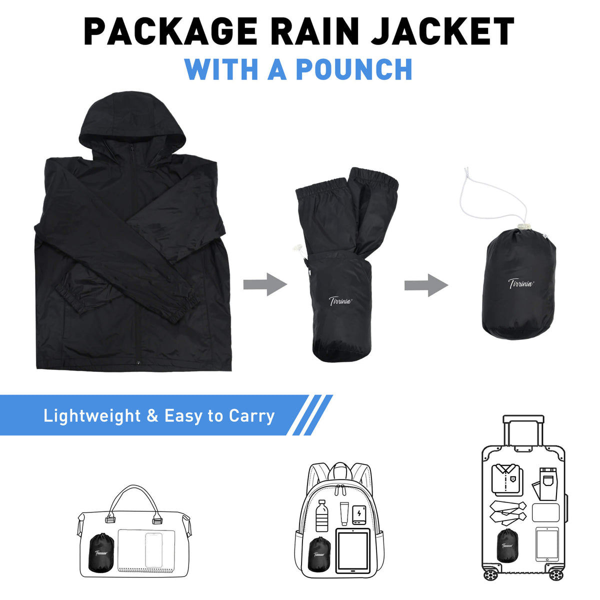 Tirrinia Packable Waterproof Rain Jacket – Lightweight Windbreaker for Travel & Outdoor Adventures front view