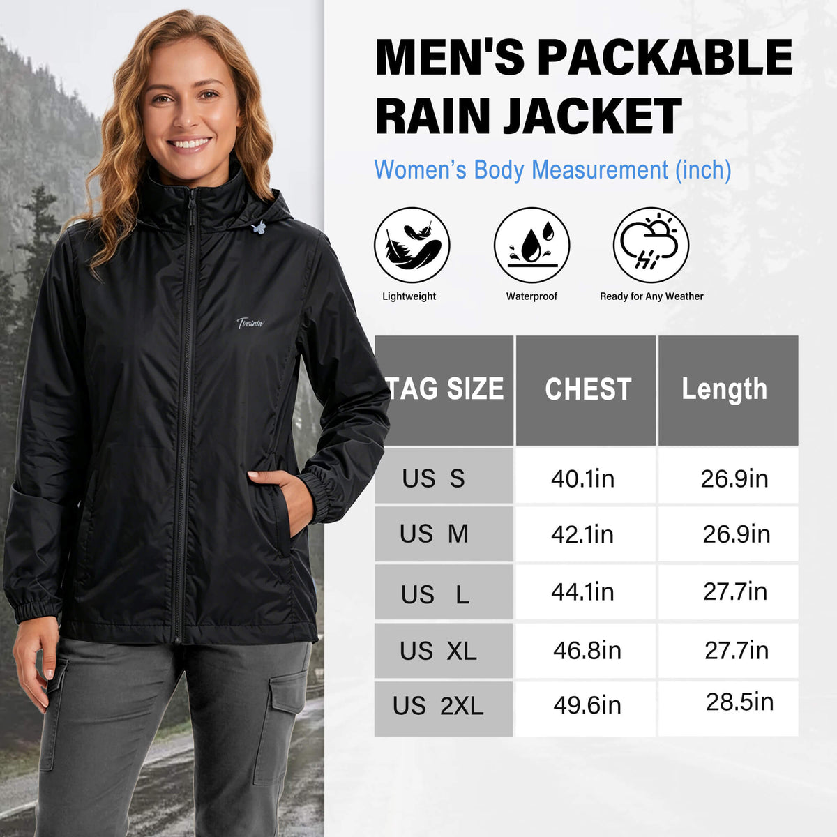 Tirrinia Packable Waterproof Rain Jacket – Lightweight Windbreaker for Travel & Outdoor Adventures side view