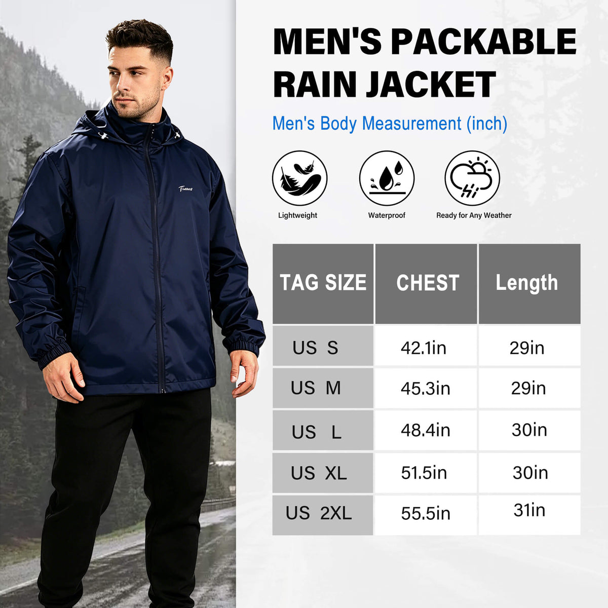 Men's Lightweight Waterproof Rain Jacket – Packable Windbreaker for Hiking, Travel & Everyday Wear detail view
