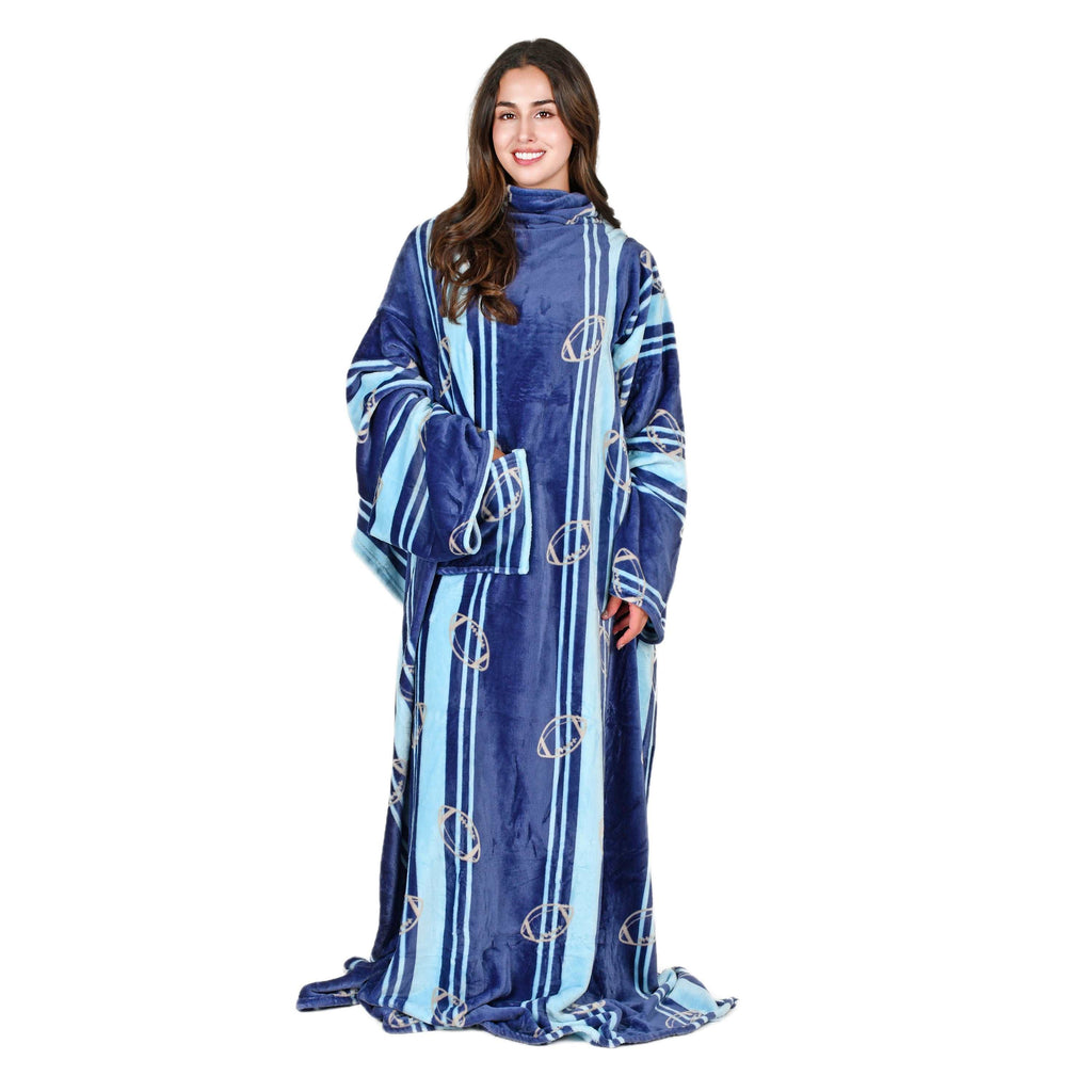 Football Field Blue Wearable Fleece Blanket with Sleeves for Adult