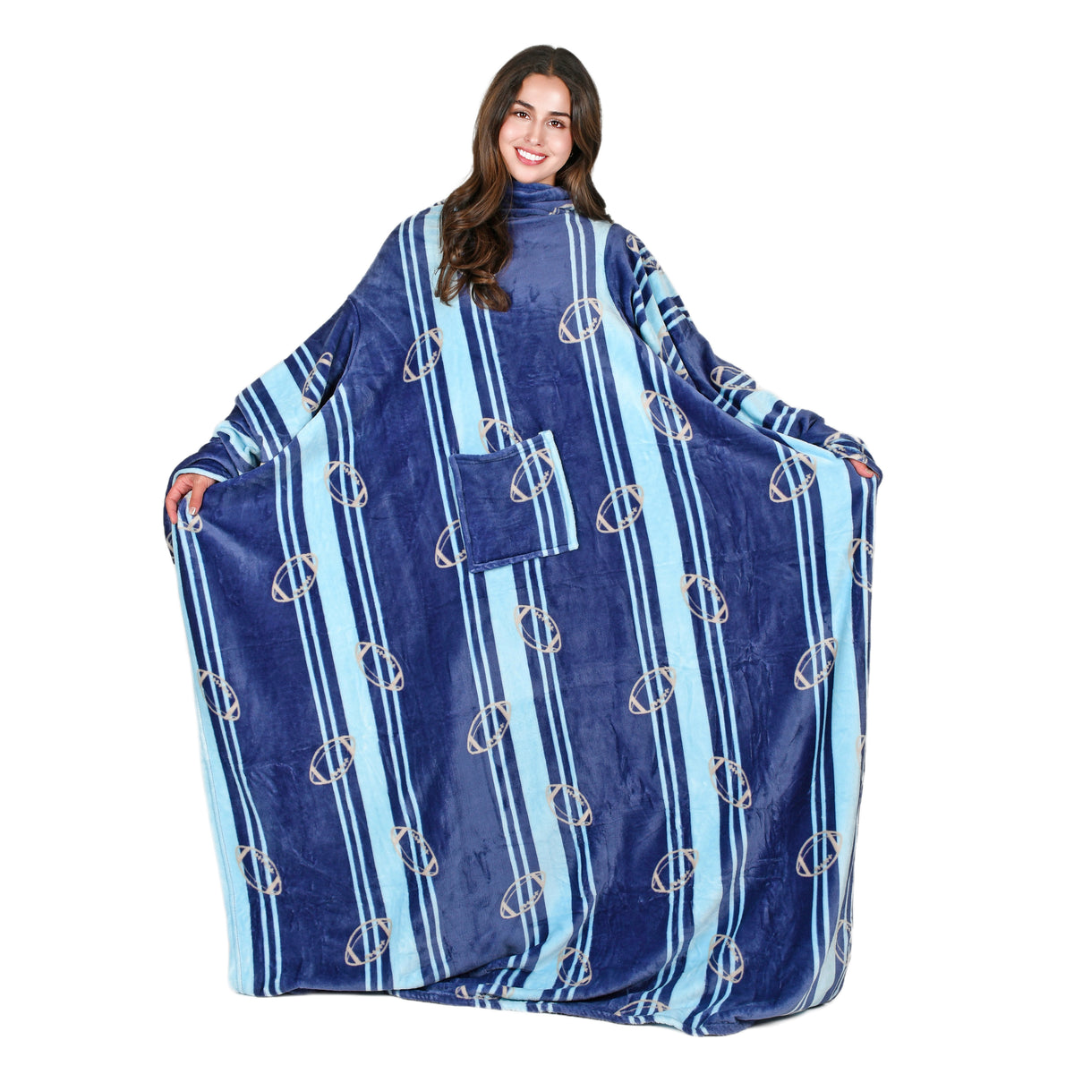 Blue Football Field Wearable Blanket Single Layer back view
