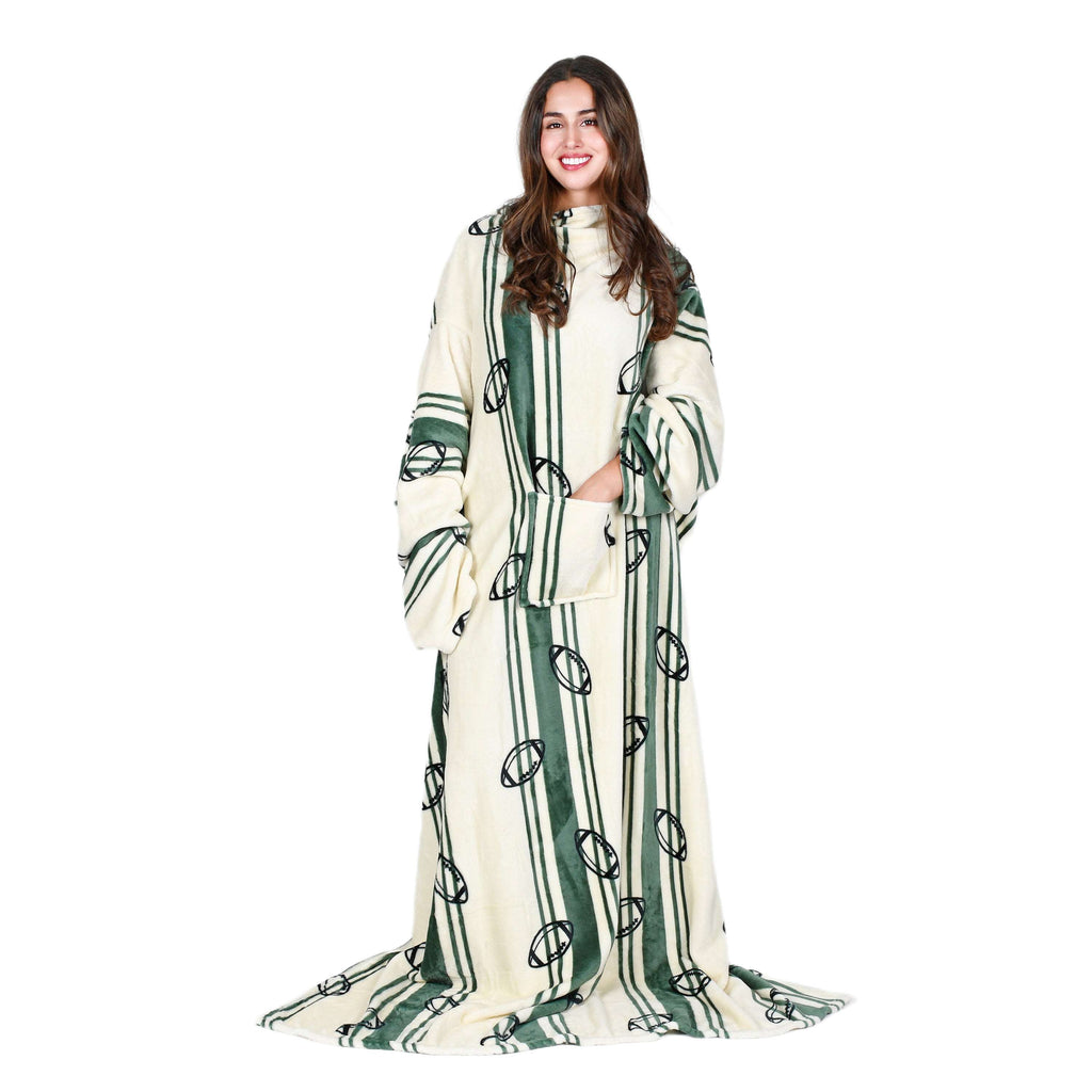 Football Field White Wearable Fleece Blanket with Sleeves for Adult