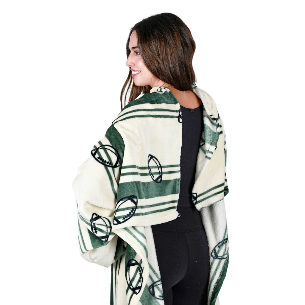 Football Field White Wearable Fleece Blanket with Sleeves for Adult