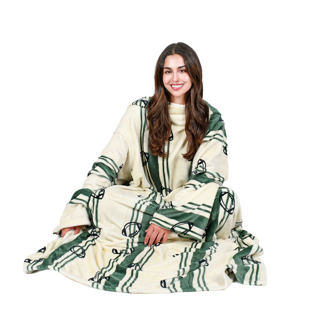 Football Field White Wearable Fleece Blanket with Sleeves for Adult