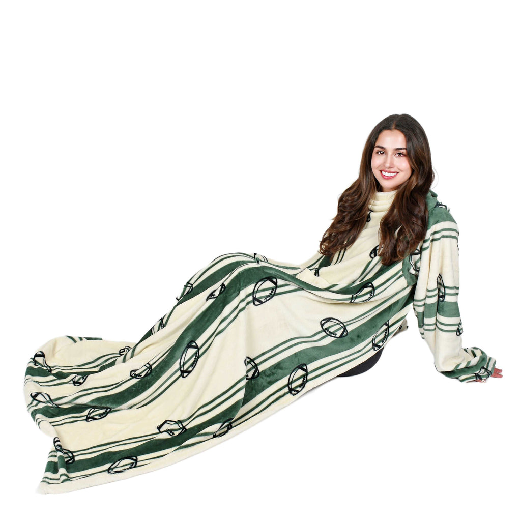 Football Field White Wearable Fleece Blanket with Sleeves for Adult