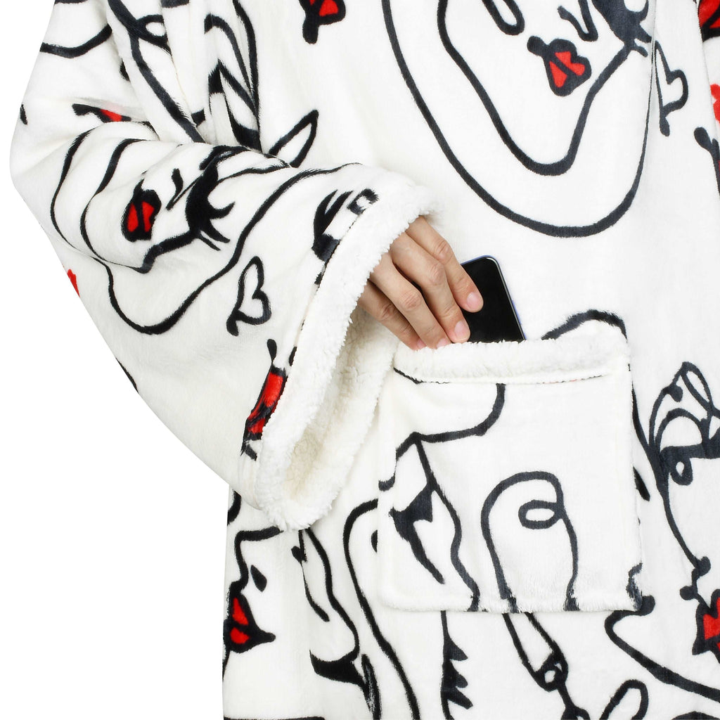 Abstract Face White Microplush Sherpa Blanket with Sleeves for Adult