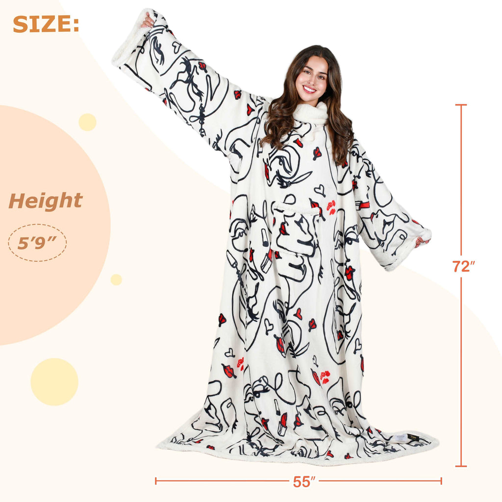 Abstract Face White Microplush Sherpa Blanket with Sleeves for Adult
