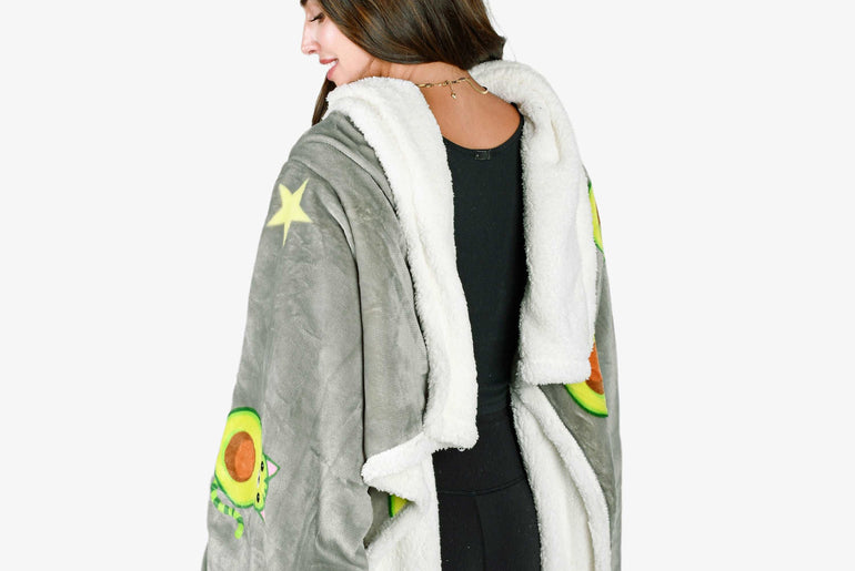Avocado Cat Grey Microplush Sherpa Blanket with Sleeves for Adult