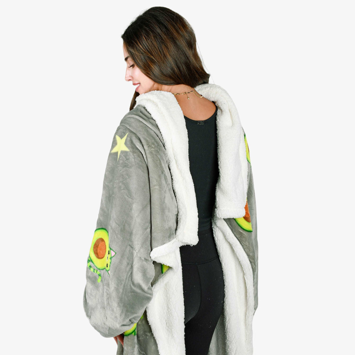Avocado Cat Grey Microplush Sherpa Blanket with Sleeves for Adult