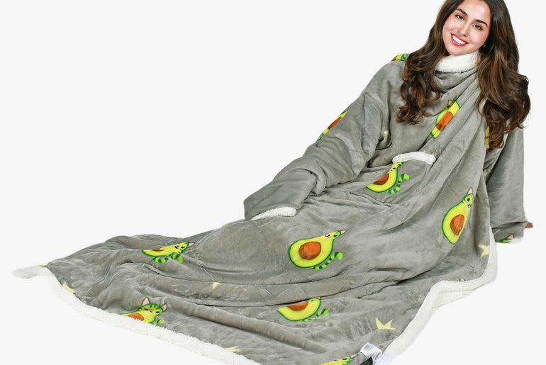Avocado Cat Grey Microplush Sherpa Blanket with Sleeves for Adult