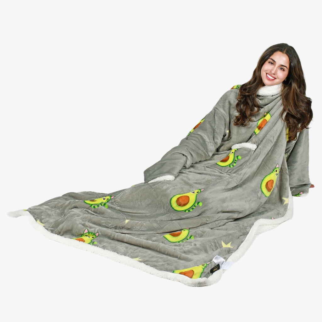 Avocado Cat Grey Microplush Sherpa Blanket with Sleeves for Adult